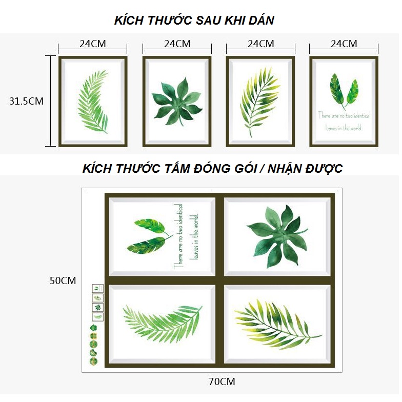 Decal dán tường 3D set 4 tấm khung tranh lá dương sĩ DKN125