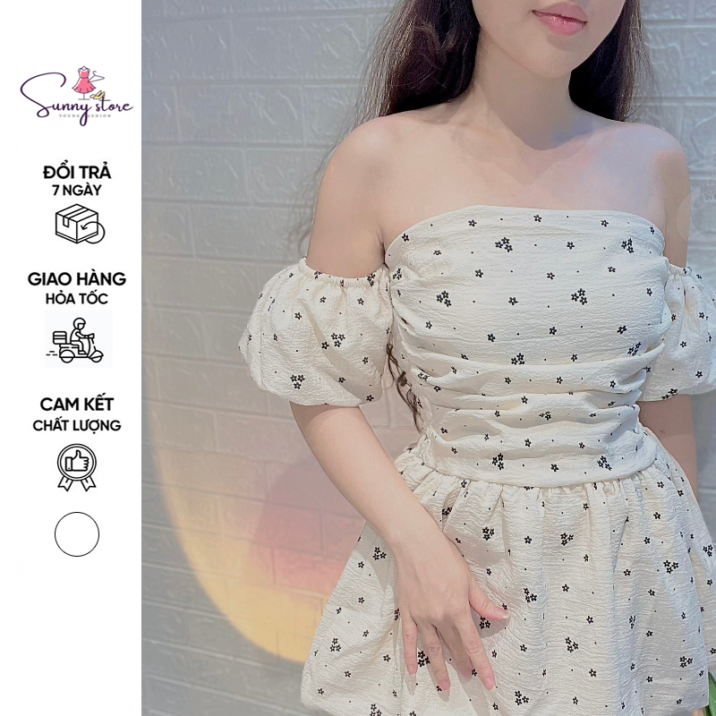 Đầm Trễ Vai Hoa Nhí Tay Bồng Dáng Babydoll