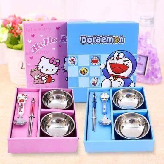 Bát ăn dặm doremon, hello kitty cho bé, bát -đũa-thìa, chất liệu inox 304 an toàn