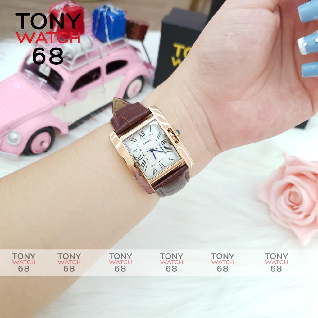 Đồng hồ nữ Skmei dây da mặt vuông viền vàng chính hãng Tony Watch 68