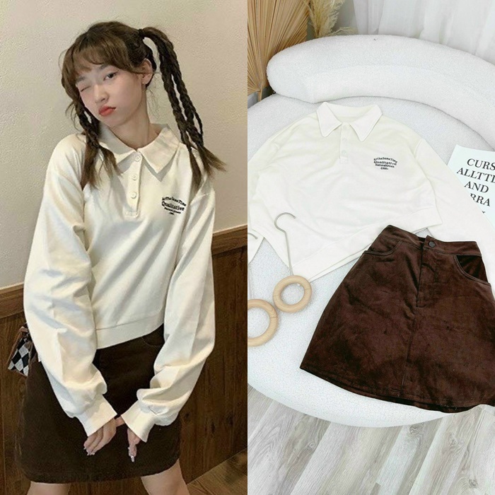 SET ĐẦM ÁO THUN RỘNG TÀ NHỌN SUÔNG TRƠN CỔ SƠ MI TAY DÀI + CHÂN VÁY NGẮN CHỮ A SUÔNG NÂU DẠO PHỐ DỰ TIỆC
