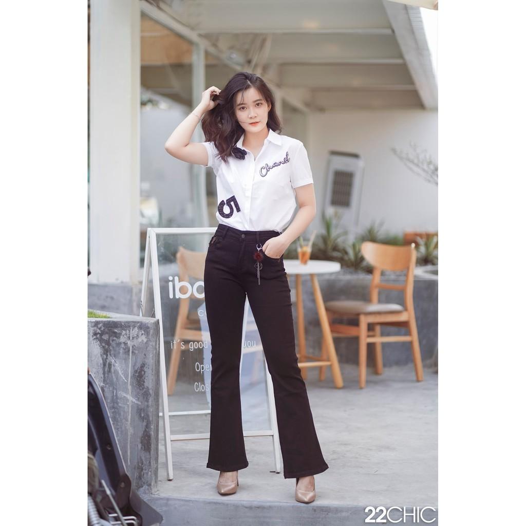 Quần jean đen ống loe cạp cao chất co giãn 4 chiều - 22CHIC