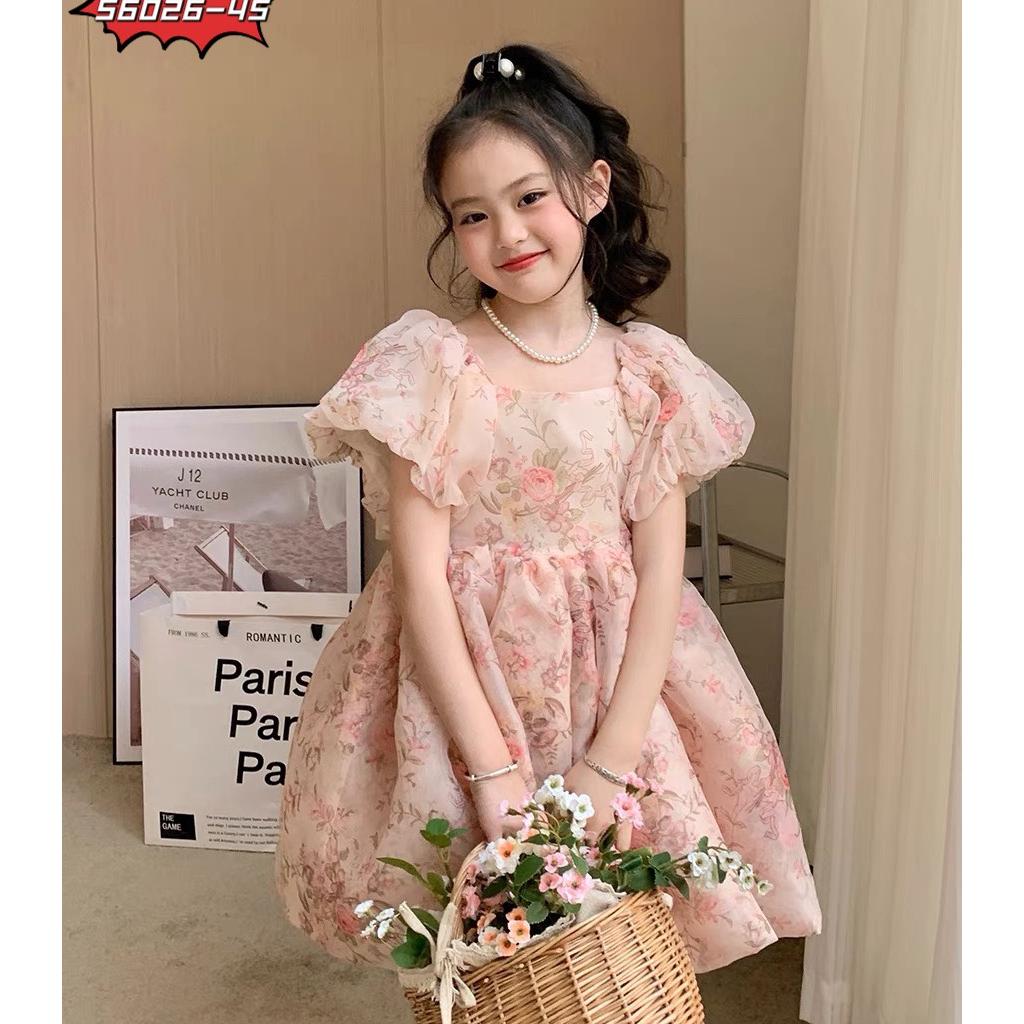 Đầm váy babydoll tay phồng cho bé gái màu hồng diện đi chơi đi học du lịch đẹp size 12-35kg hàng thiết kế