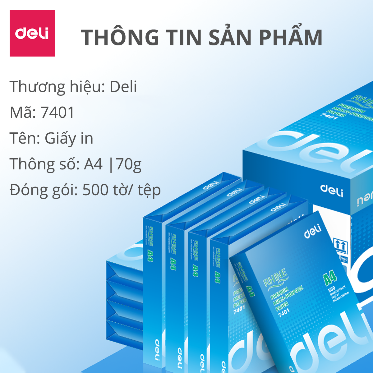 Giấy A4 Deli - 70Gsm - Chống Thấm, Khử Tĩnh Điện - 1 Thùng 5 Ram - 2500 Tờ - W7421