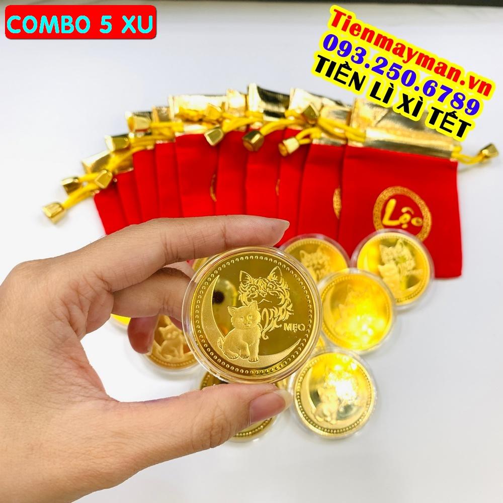 (5 XU) Đồng Xu Con Mèo Mạ Vàng bằng kim loại, 1 mặt có chữ Lộc - tặng kèm túi gấm đỏ LỘC