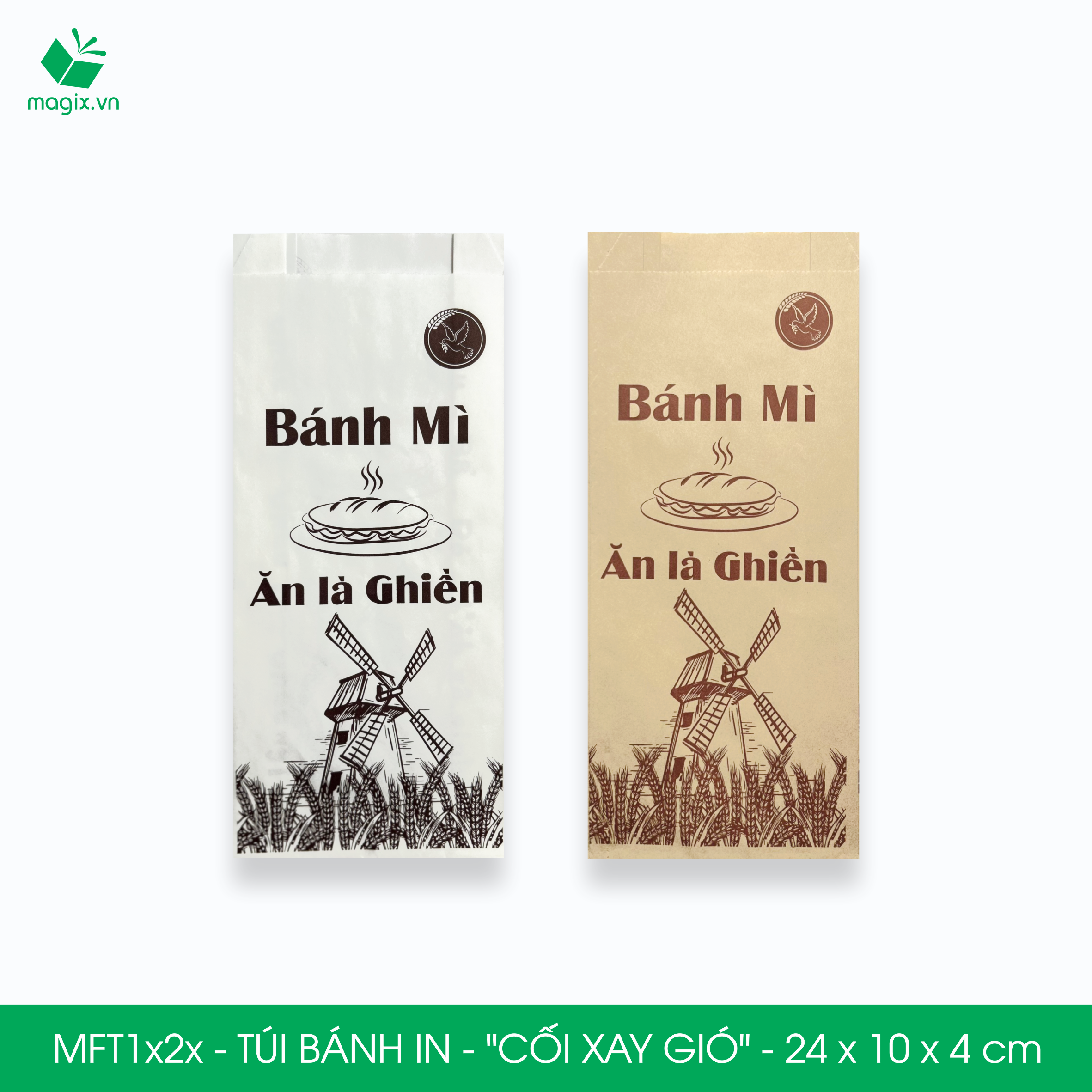 Combo 100 Túi bánh mì 24x10x4 cm - In sẵn họa tiết CỐI XAY GIÓ - Bao bánh mì Túi giấy thực phẩm an toàn