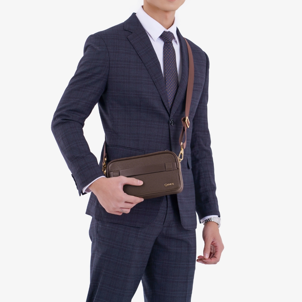 Clutch Cầm Tay Khóa Vân Tay Da Bò Mill RB09 Màu Nâu