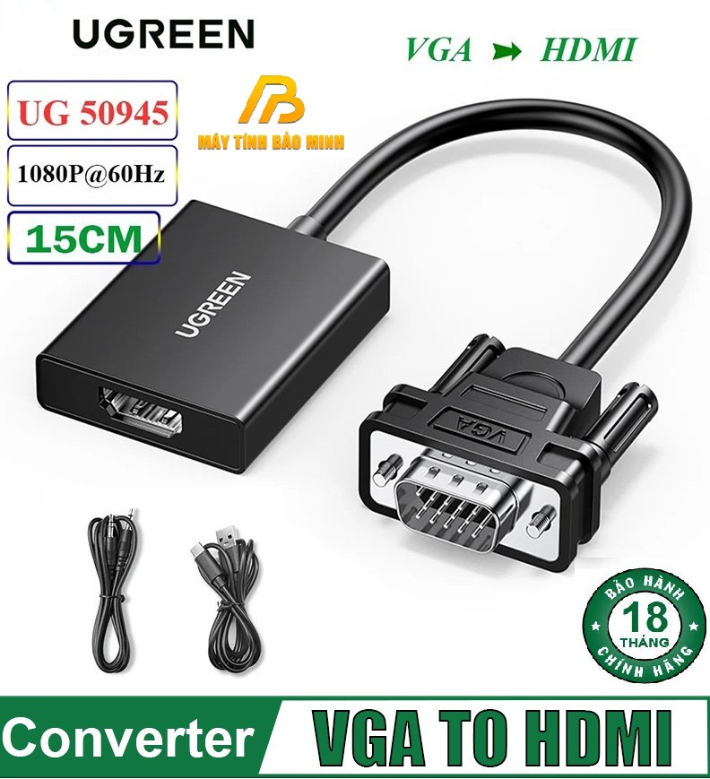 Cáp Chuyển đổi VGA sang HDMI + Audio 3.5mm UGREEN 50945 - Hàng chính hãng