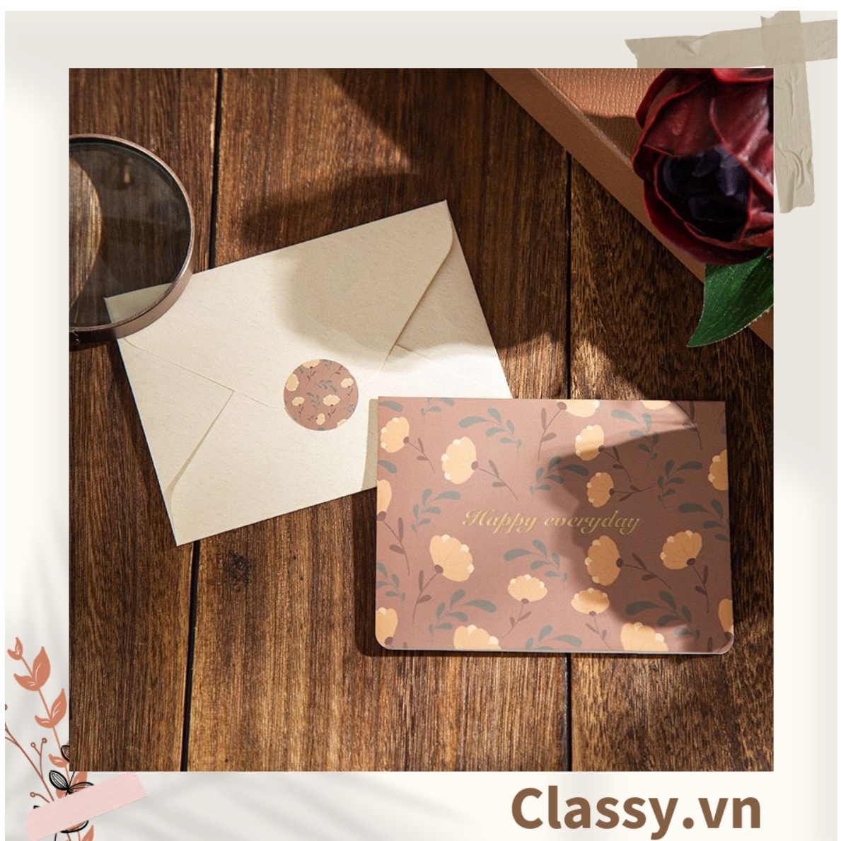 Thiệp Cổ điển Vintage in họa tiết hoa nhí giấy art sang trọng kèm phong bì giấy kraft nâu Q724