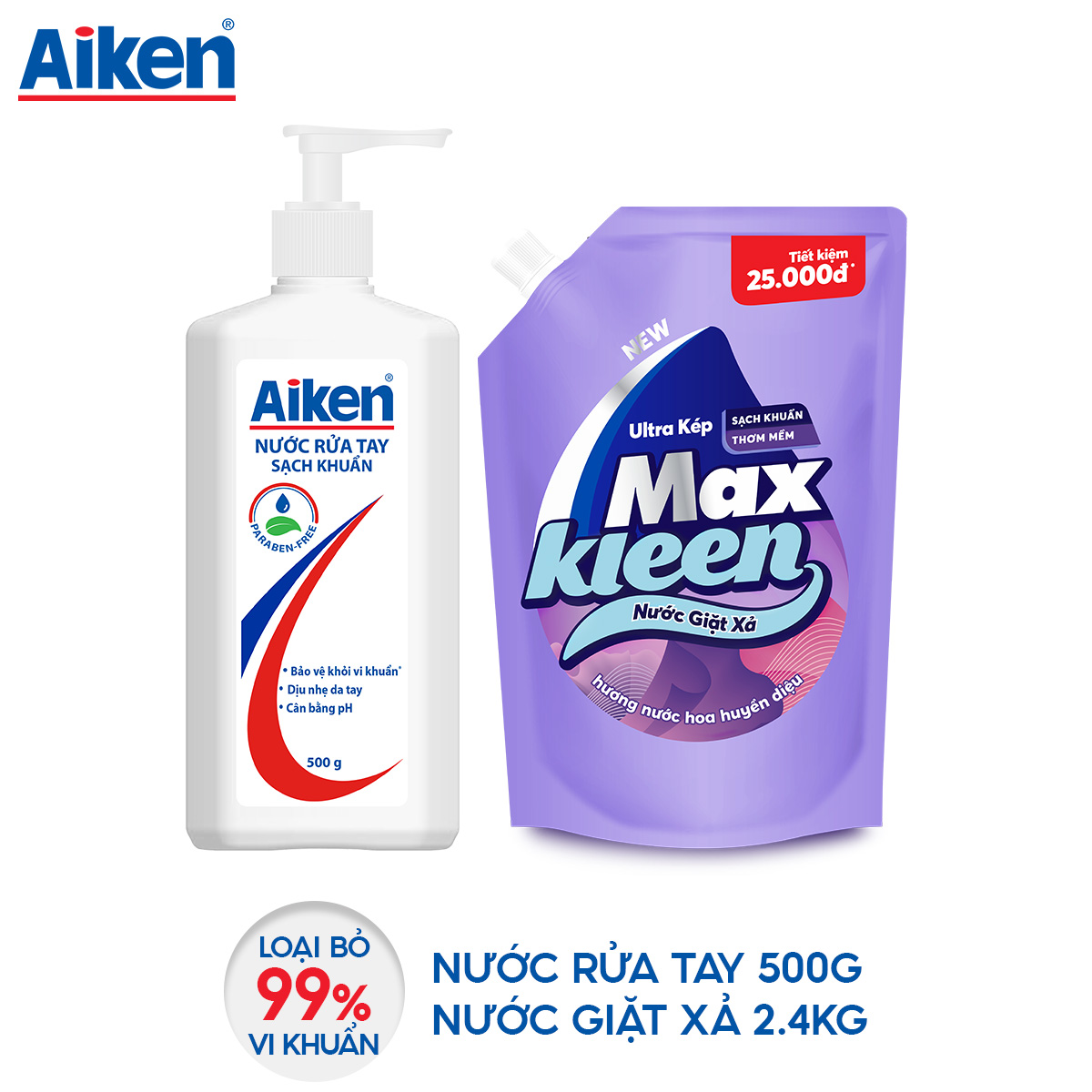 Combo Nước rửa tay sạch khuẩn Aiken 500g và Nước giặt xả hương nước hoa huyền diệu 2.4kg