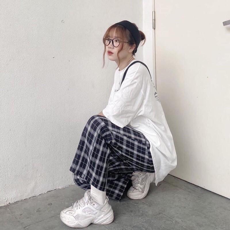 Quần Kẻ Nữ Cạp Chun Caro Lưng Cao Dáng Rộng Ống Suông ulzzang full màu hot Bống Store