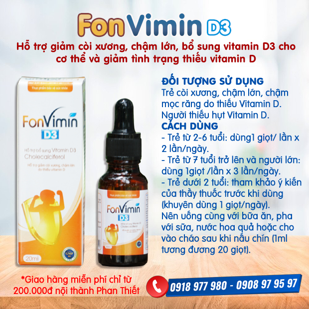 FONVIMIN D3 - Bổ sung vitamin D3 cho cơ thể hỗ trợ giảm tình trạng thiếu vitamin D Hỗ trợ giảm còi xương, chậm lớn do thiếu vitamin D.