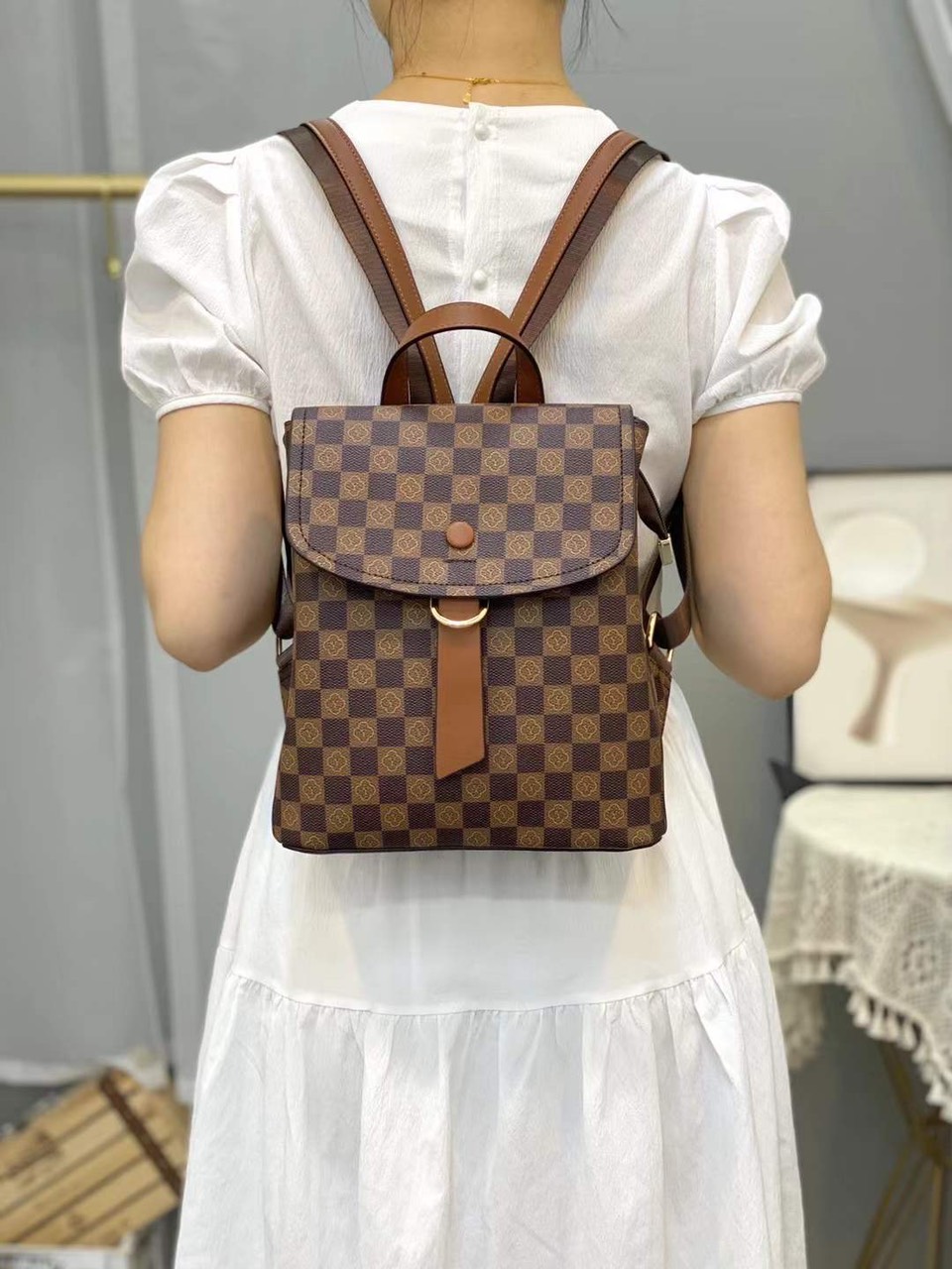 Balo da nữ mini thời trang vintage đi học đi làm họa tiết monogram cặp da pu cao cấp Y6761