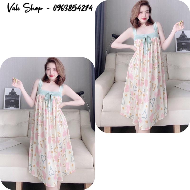 Váy ngủ lụa latin 2 dây xoè hoạ tiết freesize 42-60kg