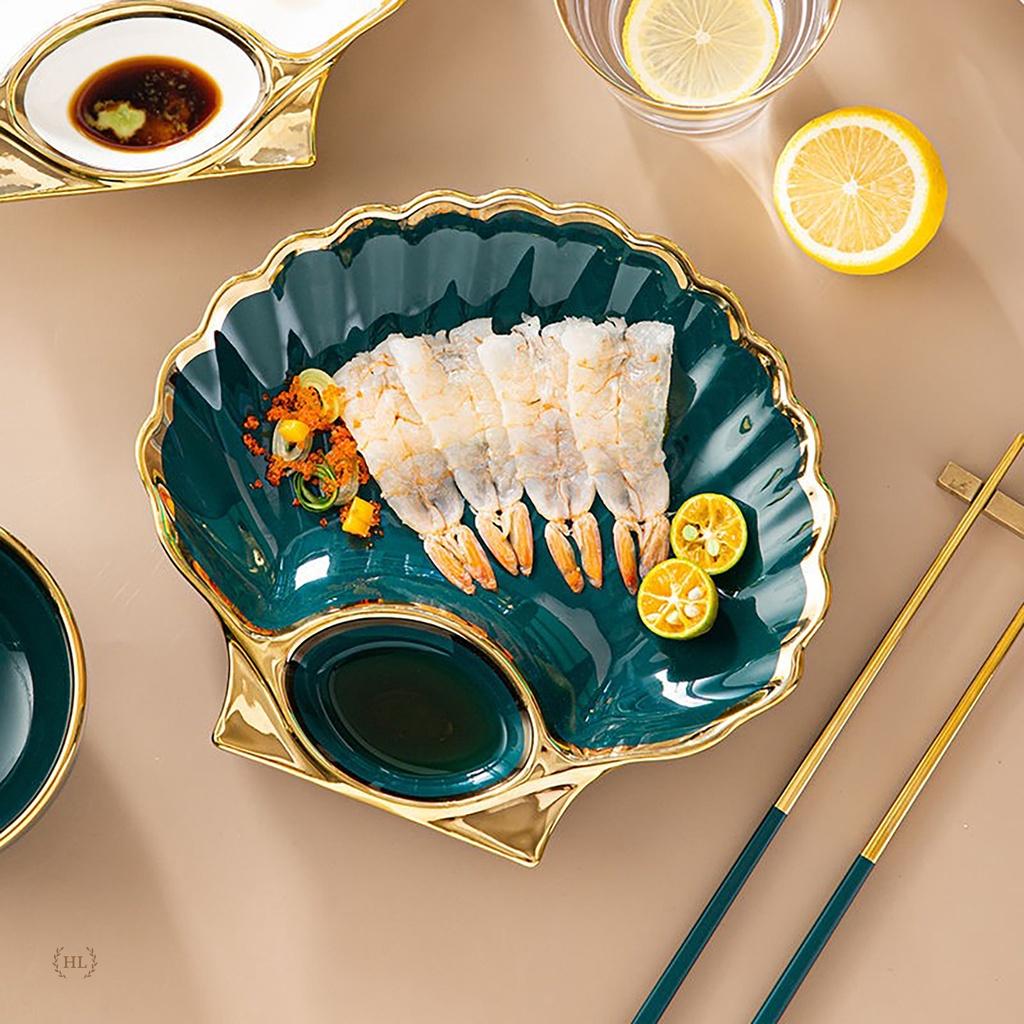 Đĩa Sò Có Ngăn Kẻ Vàng Kim | Đĩa sò cao cấp 2022 có chia ngăn đựng gia vị Phong Cách VINTAGE 2 MÀU XANH BẮC ÂU - TRẮNG
