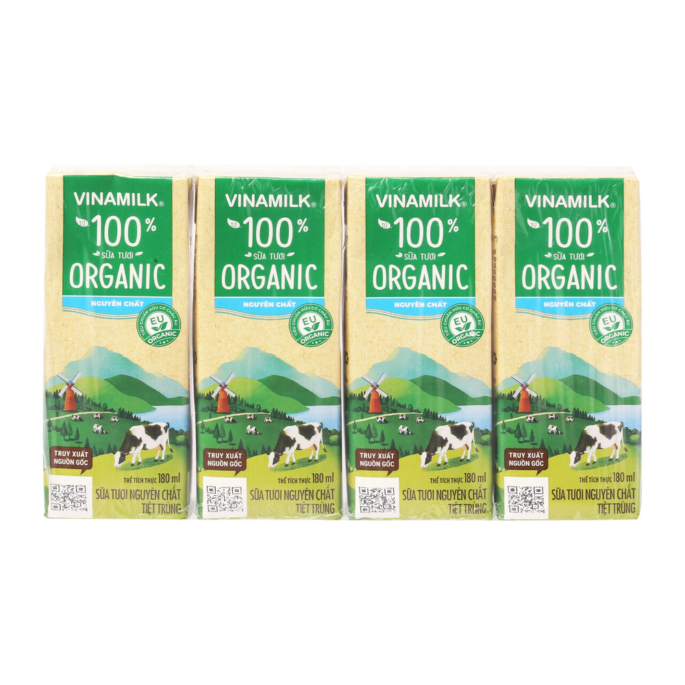 Lốc 4 Hộp Sữa Tươi Nguyên Chất Vinamilk 100 Không Đường 180Ml