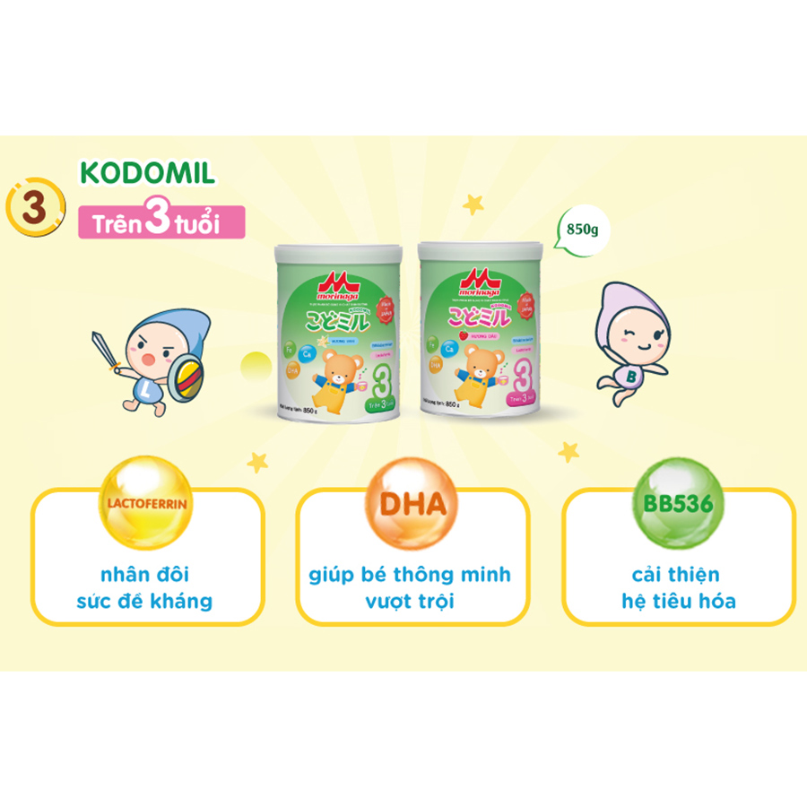 Combo 2 lon sữa Morinaga số 3 Kodomil Hương Vani 850gr + 2 gói mì ăn dặm Hakubaku