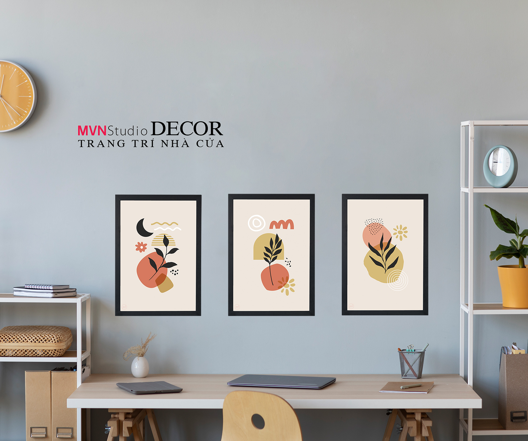 Tranh decal dán tường KHUNG LÁ TRÙ TƯỢNG trang trí PHÒNG KHÁCH, BÀN LÀM VIỆC, PHÒNG NGỦ - MVN Studio Decor