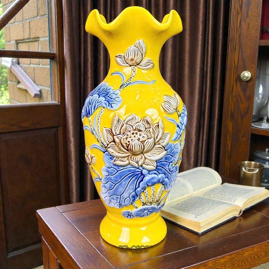 Lọ Lộc Bình Men Vàng Hoa Sen đắp nổi RỒNG VIỆT - Gốm Bát Tràng Trang Trí ban thờ thần tài, gia tiên
