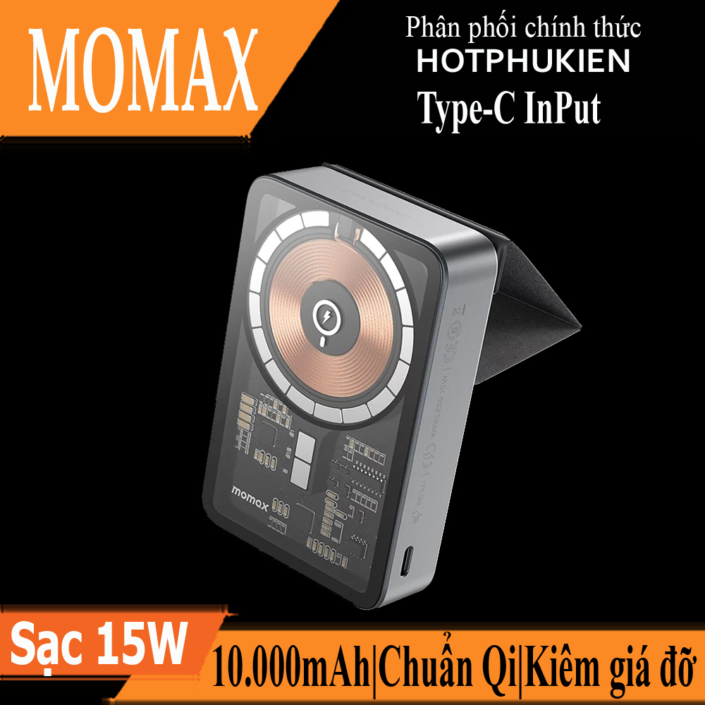 Pin sạc dự phòng sạc không dây Maqsafe sạc nhanh 15W 10000mAh hỗ trợ sạc không dây và cổng sạc nhanh chuẩn PD Type C 3.0 kiêm giá đỡ điện thoại hiệu Momax Q.Mag Power 11 Magnetic  - hàng nhập khẩu