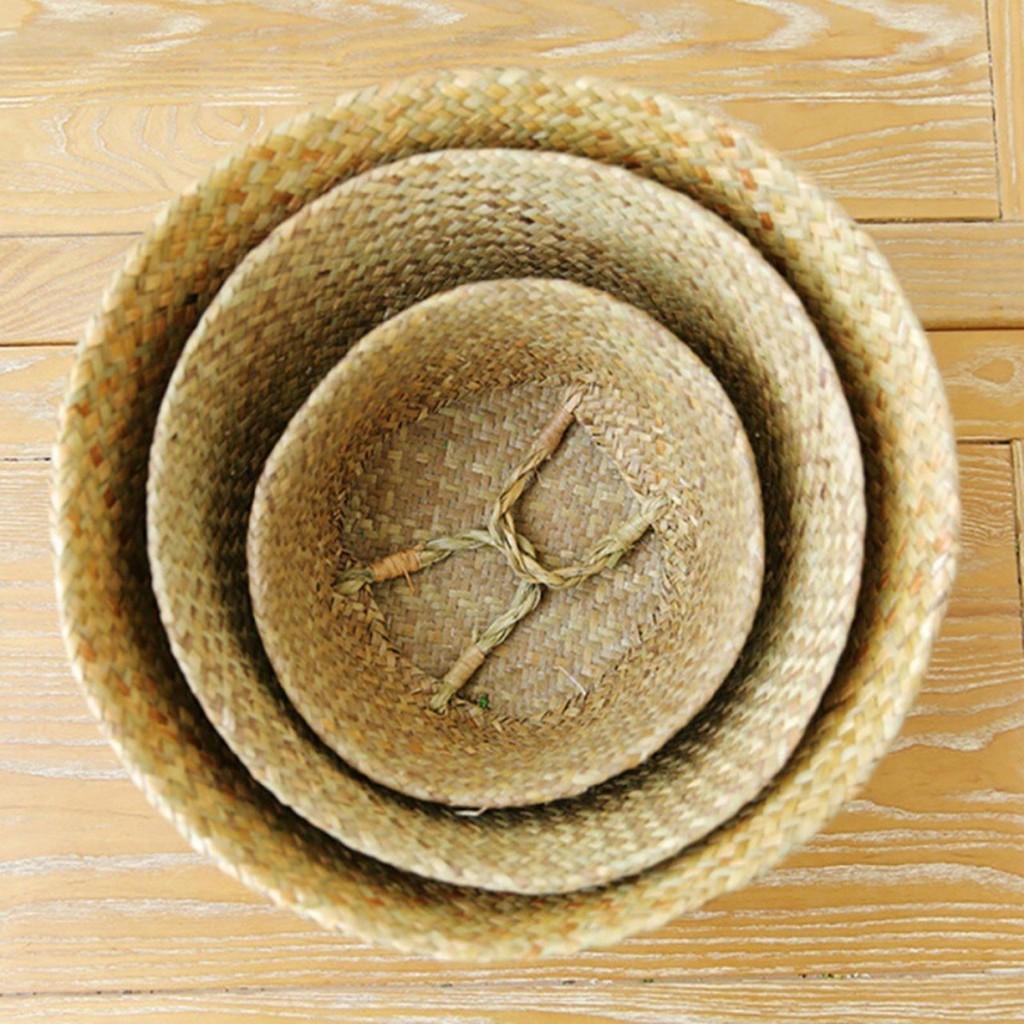 Chậu cây giả, giỏ cói trồng cây cảnh trong nhà cỡ lớn có quai xách decor vintage thân thiện môi trường GC-01