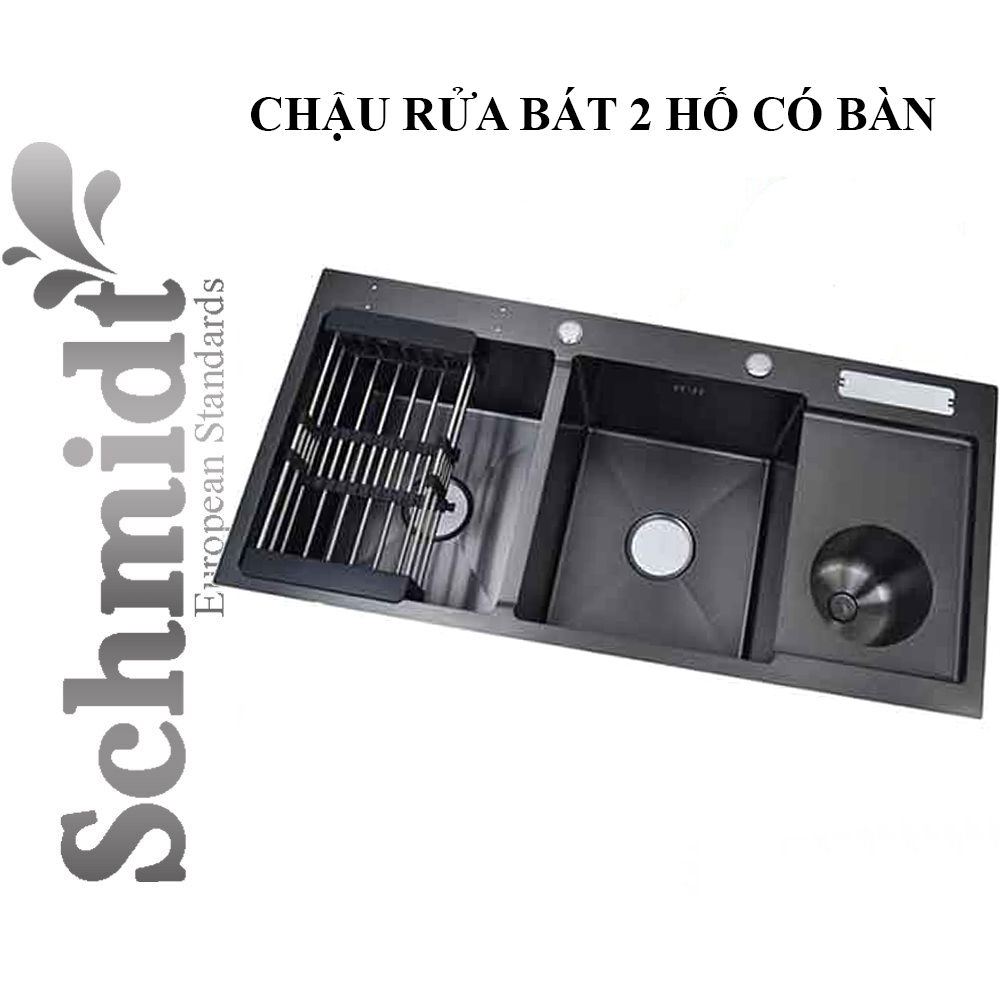 Chậu rửa chén bát hai hố Schmidt inox sus304 phủ nano đen chống trầy xước, bồn rửa bát có bàn chờ và hộc chứa rác – Hàng chính hãng