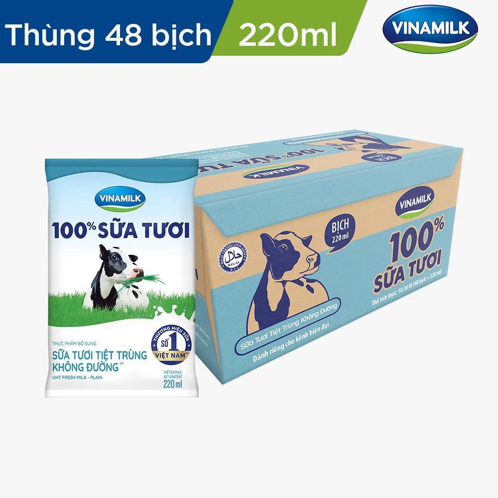 Thùng Sữa tươi tiệt trùng không đường Vinamilk 100% Sữa tươi - 220ml x 48 Bịch