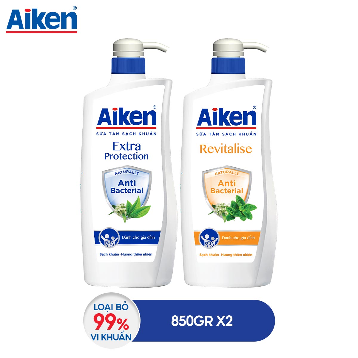 Aiken Combo 2 Sữa Tắm Sạch Khuẩn Chiết Xuất Bạc Hà Và Trà Xanh Thiên Nhiên 850g/Chai