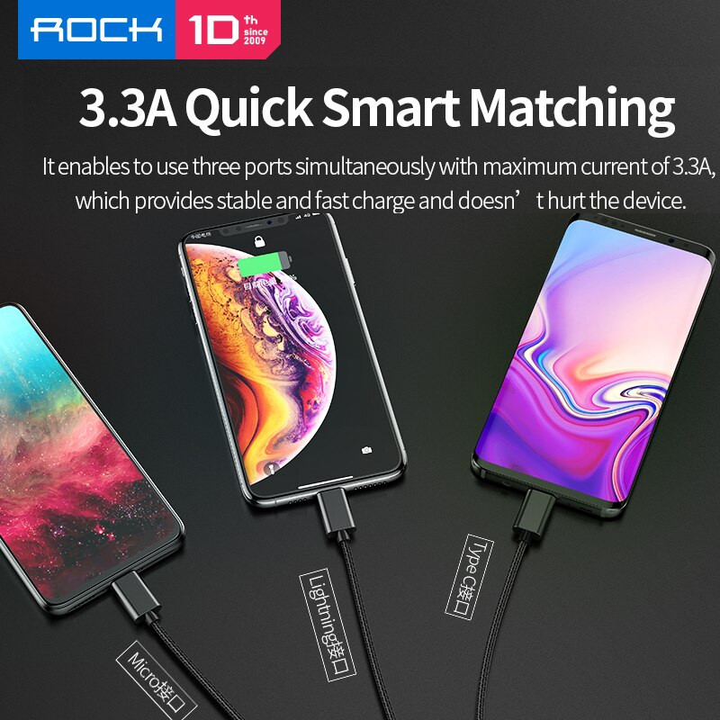 Dây cáp sạc nhanh lò xo 3.3A 3 in 1 Lightning / Type-C / Micro USB hiệu ROCK dài 200cm (Sạc cùng lúc 3 thiết bị, chip sạc thông minh) - Hàng nhập khẩu