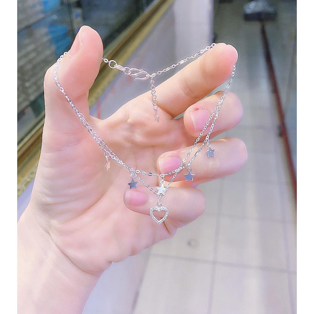 Lắc chân nữ bạc ta trái tim nạm đá ngôi sao may mắn,Lắc chân sợi kép trái tim ngôi sao bạc ta Minh Tâm Jewelry