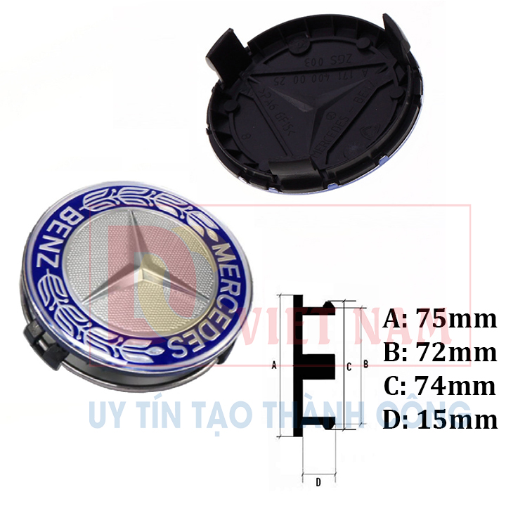 01 chiếc Logo chụp mâm, ốp lazang bánh xe ô tô Mercedes Benz cao cấp đường kính 75mm mã MBZ75
