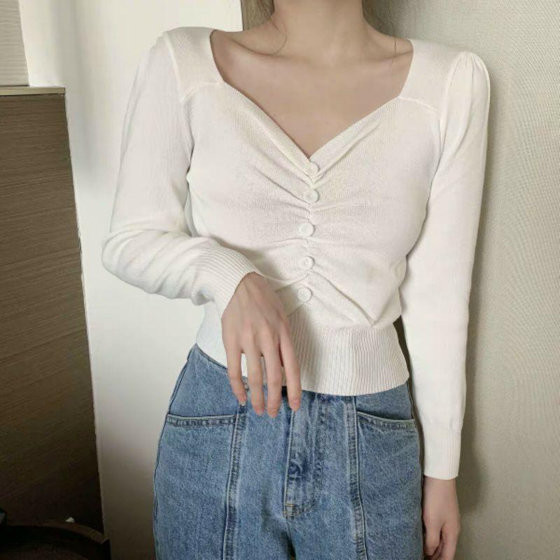 ÁO KIỂU THUN PHỐI NÚT TRƯỚC DÀI TAY