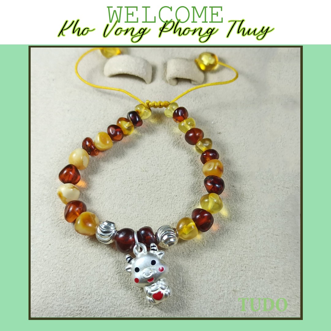 Vòng tay TUDO hổ phách tự nhiên mix charm bạc sửu và bi bạc 925