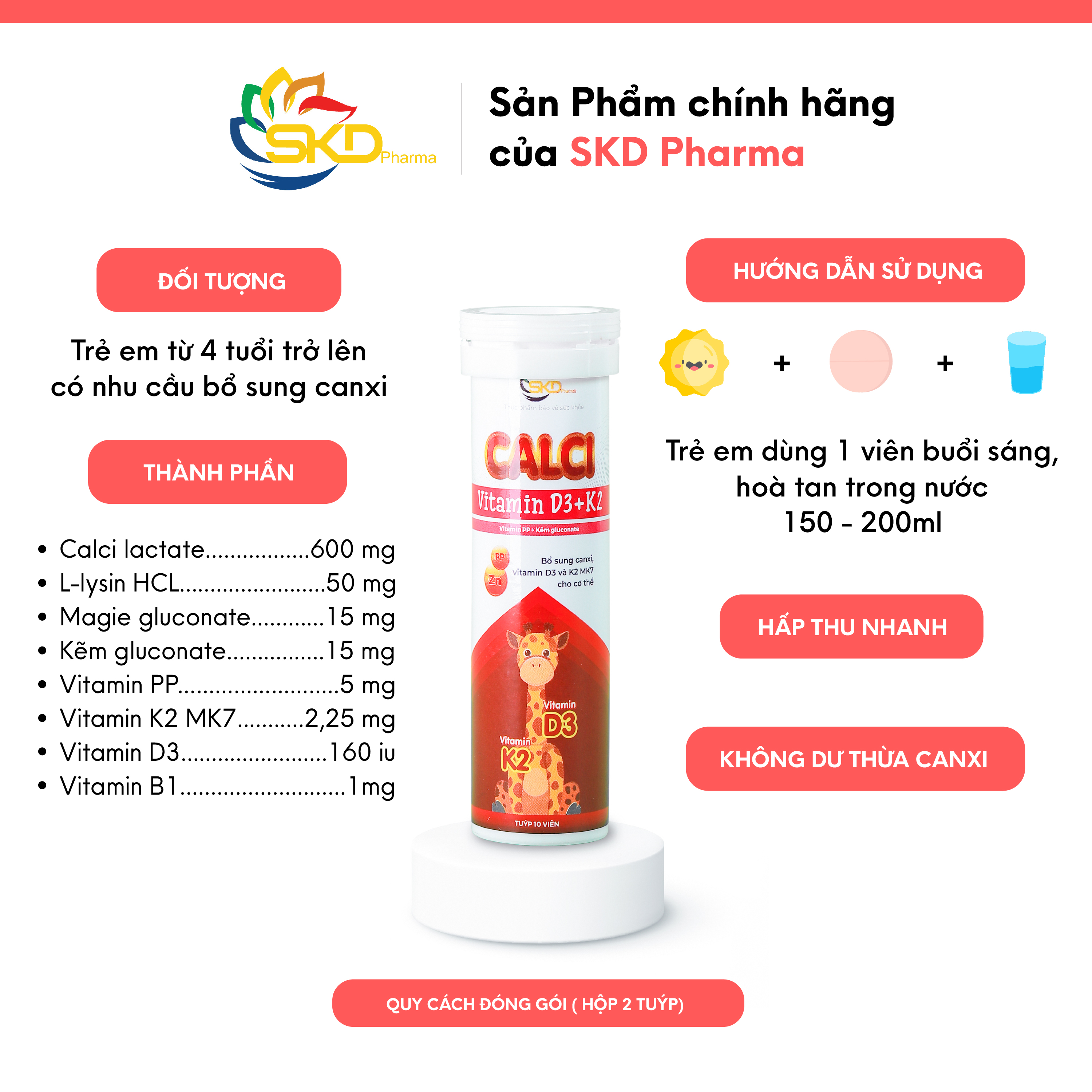 Sủi Vitamin D3k2 SKD Pharmar DÀNH CHO BÉ 4 TUỔI HỘP 20 VIÊN HỖ TRỢ BỔ SUNG CALCI CHO BÉ