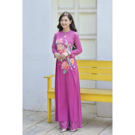 SET ÁO DÀI LỤA HỌA TIẾT HOA CHẤM BI