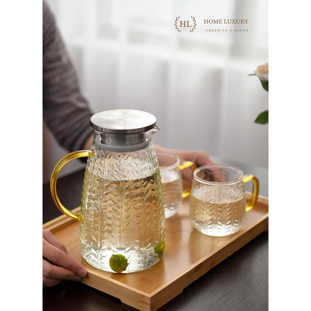 BÌNH  LY THỦY TINH CHỊU NHIỆT BOROSILICATE SIÊU BỀN SIÊU NHẸ CAO CẤP KHÔNG Ố MÀU HỌA TIẾT DẬP NỔI VÂN LÁ
