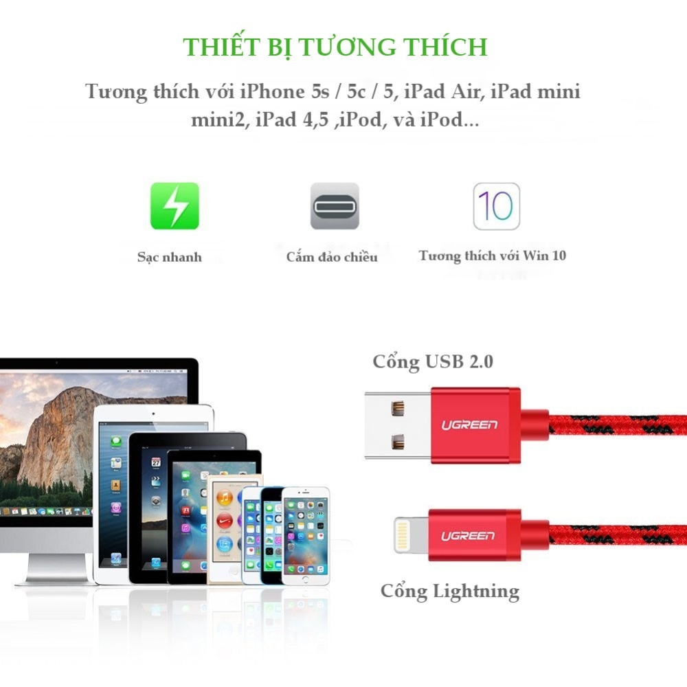 Dây USB 2.0 sang USB Lighting vỏ bọc lưới chuẩn MFI Apple dài 2m UGREEN US247 40481 - Hàng chính hãng