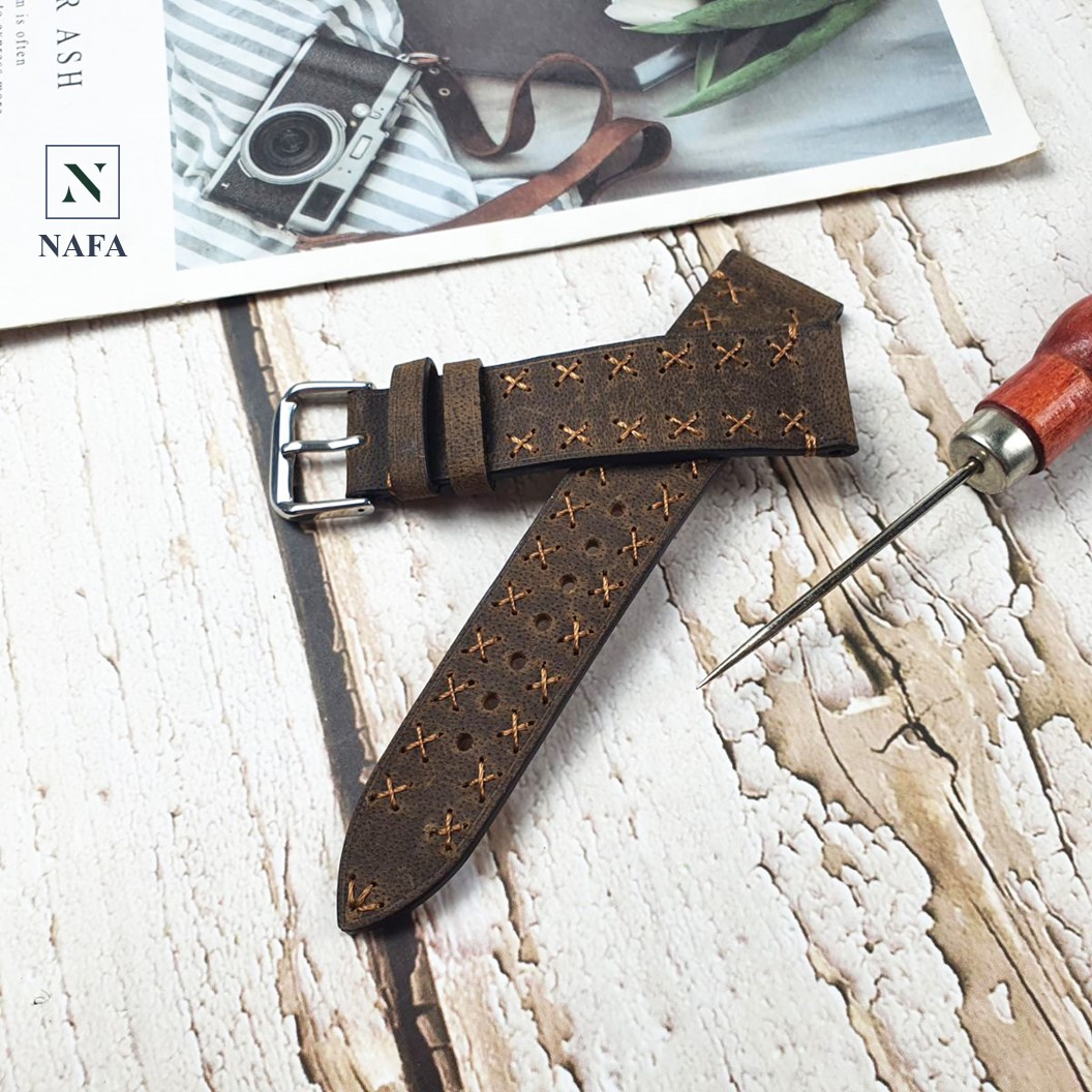 Dây đồng hồ nam handmade thủ công da bò sáp NAFA AL117 đường may bền bỉ, tinh tế