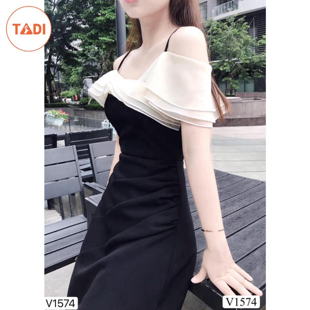 Đầm dự tiệc 2 dây trễ vai màu đen V1574