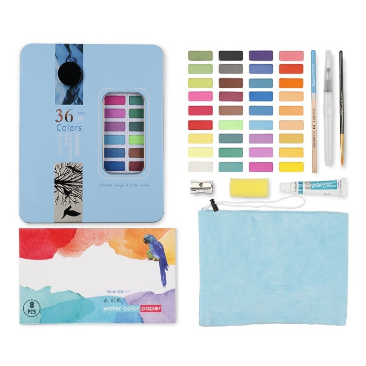 Màu nước dạng nén cao cấp W3600 set 36 màu đi kèm túi nhung và bộ dụng cụ dành cho vẽ tranh màu nước, giao màu hộp ngẫu nhiên