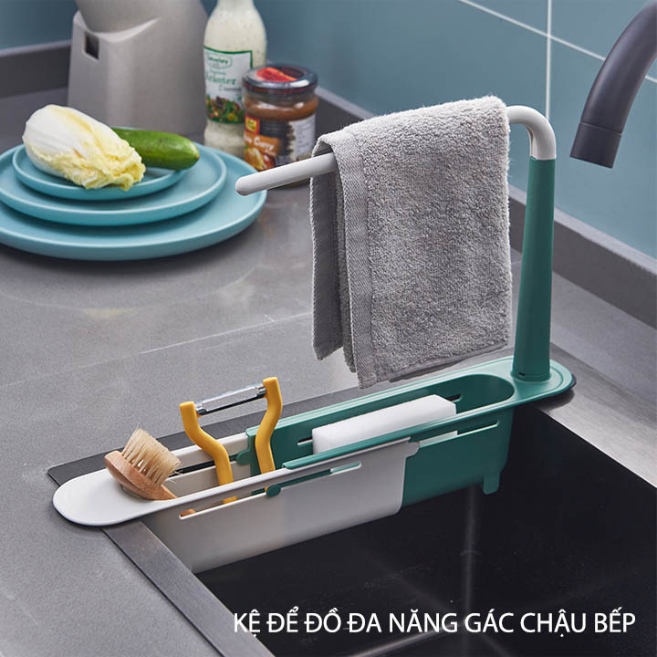 Khay để đồ rửa bát, kệ đựng đồ đa năng gác chậu bếp, có vị trí treo khăn tiện dụng