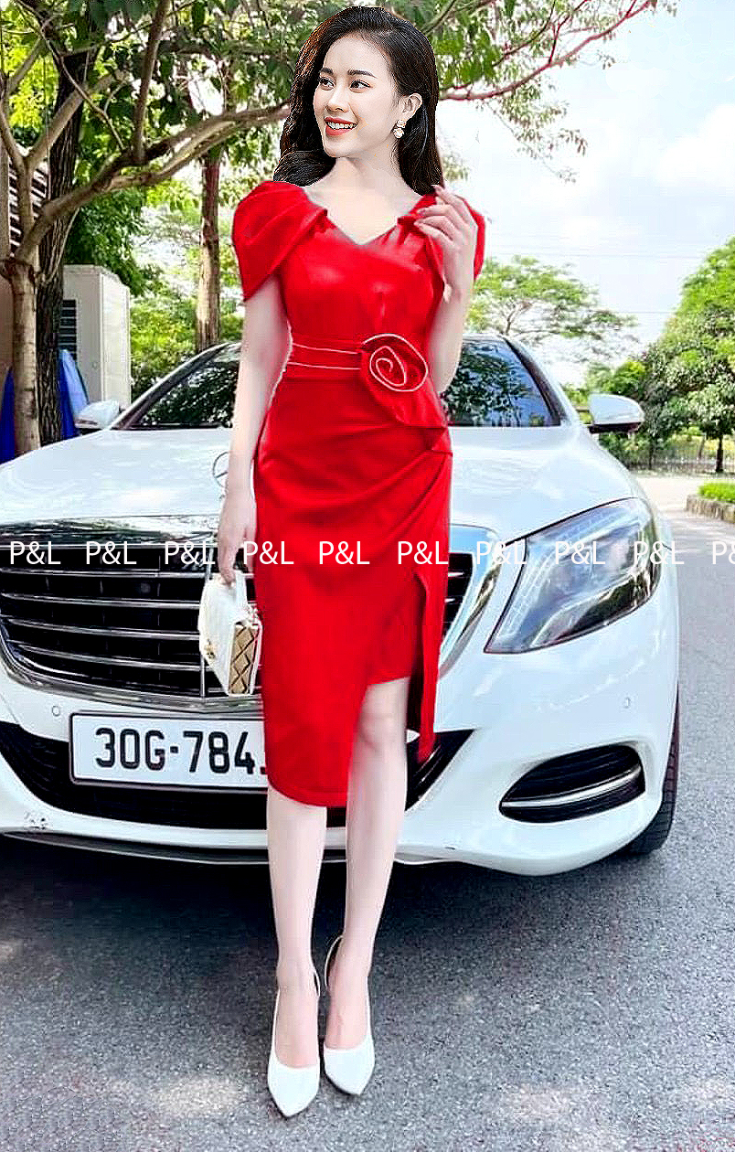 Đầm Ôm Cổ V Tay Xếp Ly Bông Bụng Viền Lé