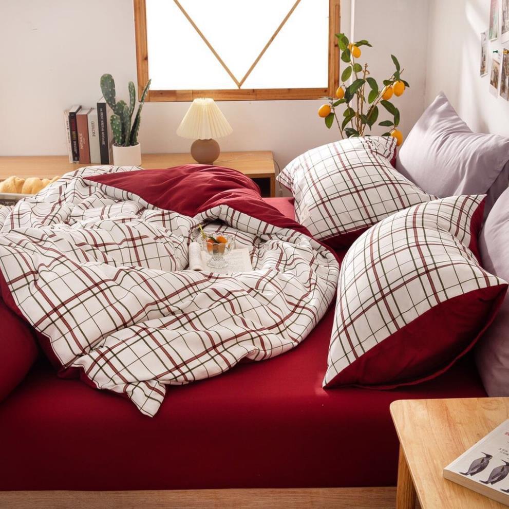 Bộ Chăn Ga Gối Cotton TC - Kẻ ô ga đỏ