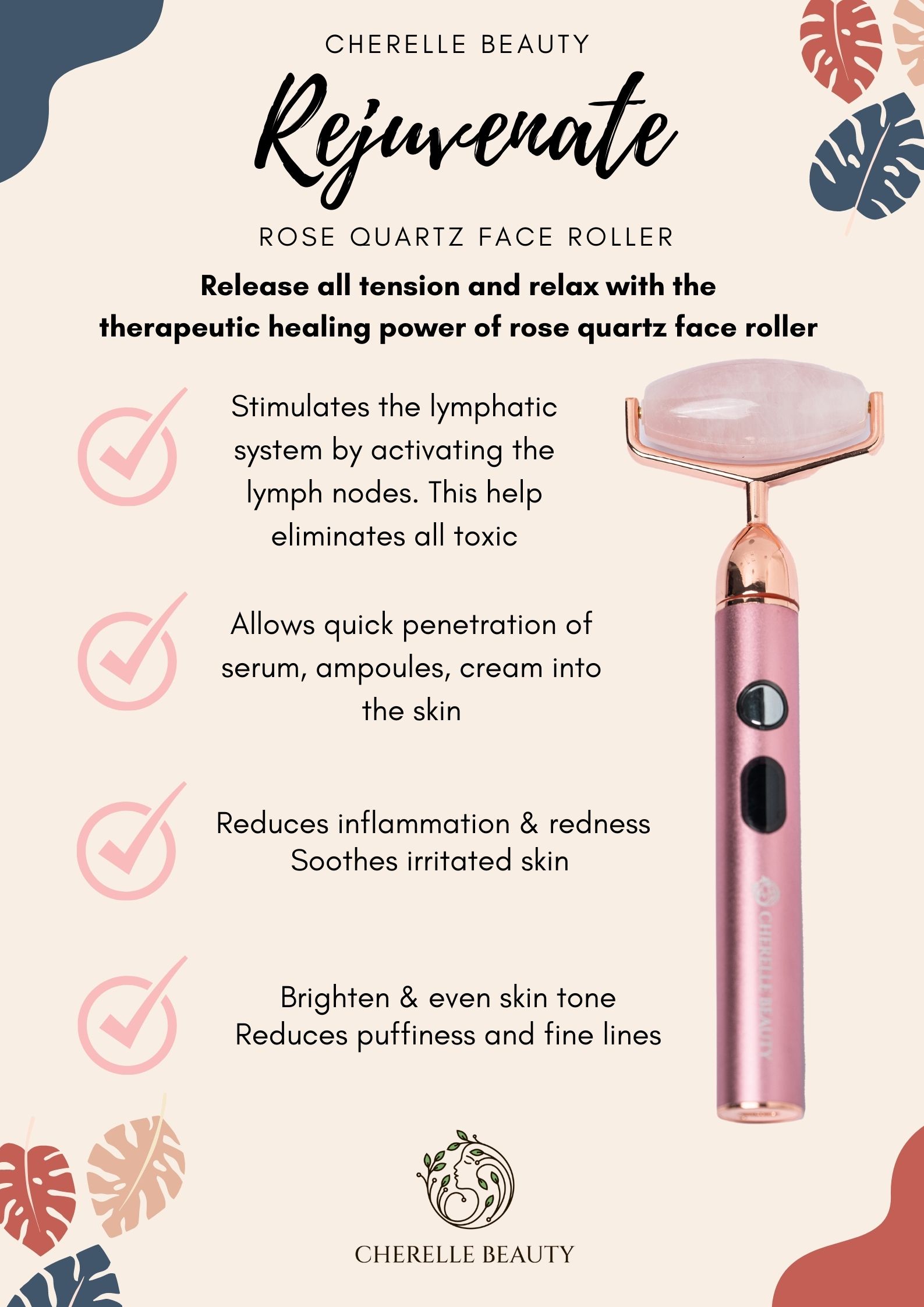Thanh lăn massage thạch anh hồng Rejuvenate Face Roller 100% tự nhiên giúp thẩm thấu tinh chất, cải thiện độ đàn hồi, nâng cơ và săn chắc da