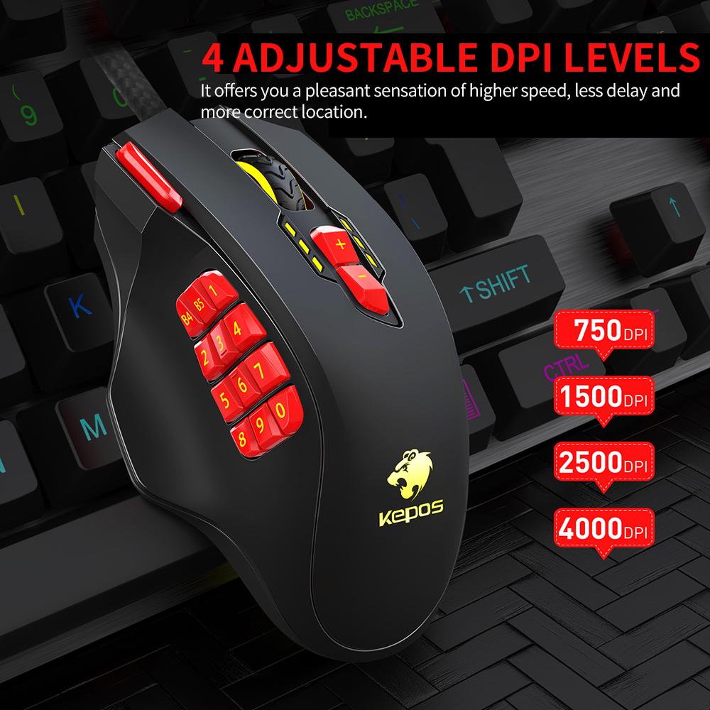 Chuột chơi game lập trình có dây 4000DPI công thái học 18 nút có thể lập trình / 4 mức DPI có thể điều chỉnh