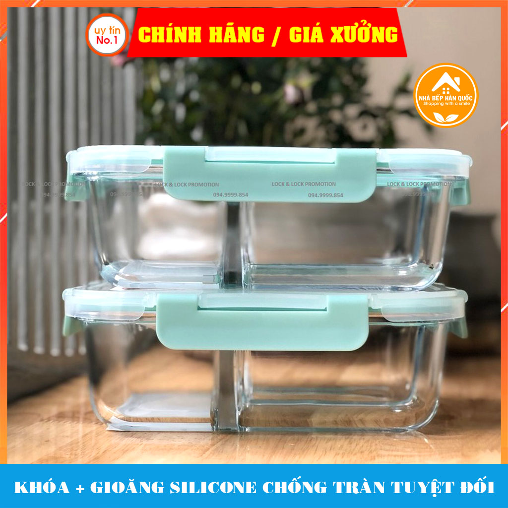 Hộp đựng thực phẩm bằng thủy tinh chia 2 ngăn 3 ngăn chịu nhiệt Lock&amp;lock LLG456 600ml LLG457 860ml LLG458 1040ml