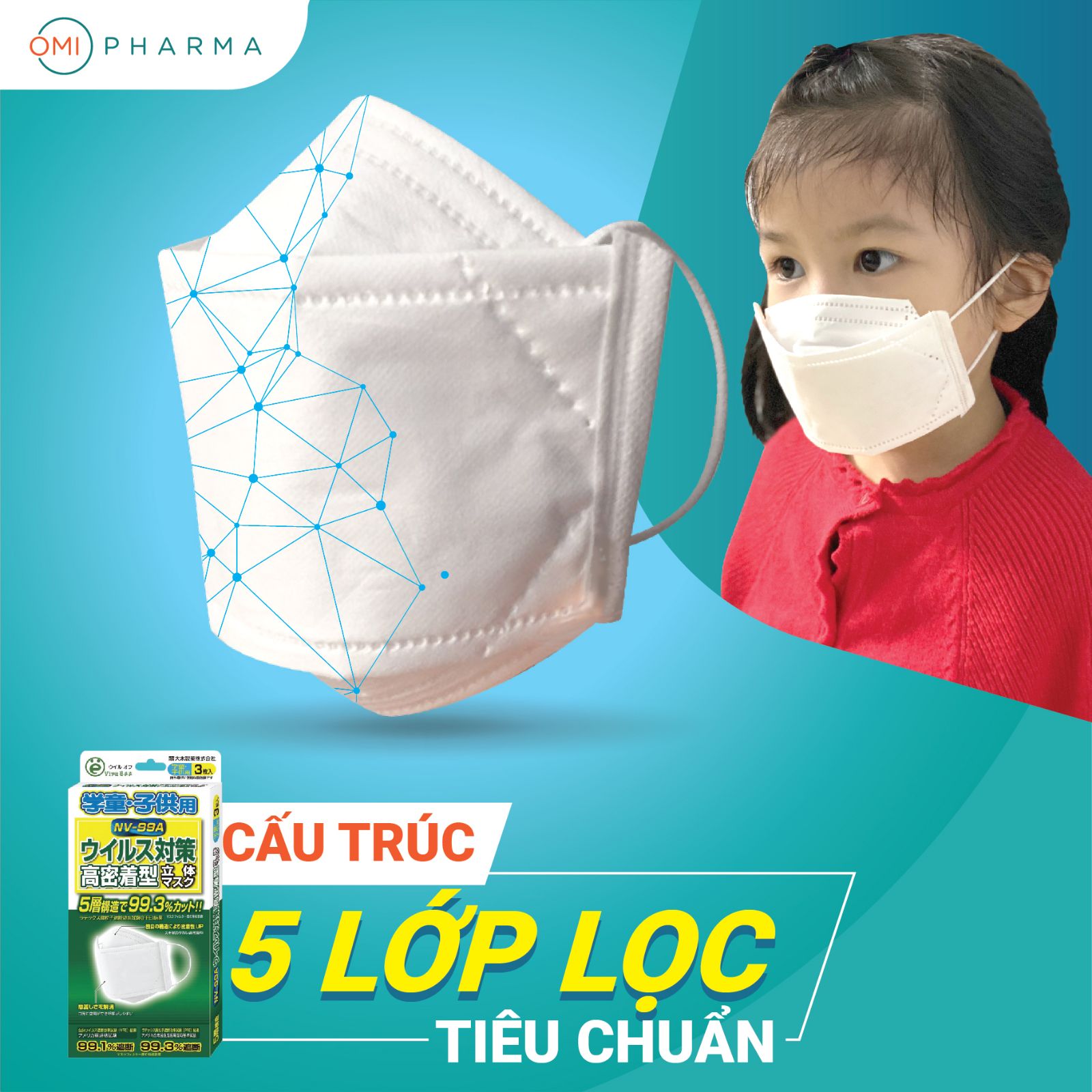 Combo 2 hộp Khẩu trang trẻ em Virus Off - Ohki Nhật Bản thiết kế 3D ôm sát mặt NV-99A 3 miếng