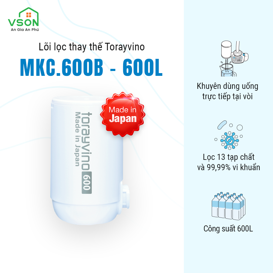 Lõi lọc nước thay thế Torayvino MKC.600B - Uống trực tiếp tại vòi - 600L - Chính hãng Nhật Bản