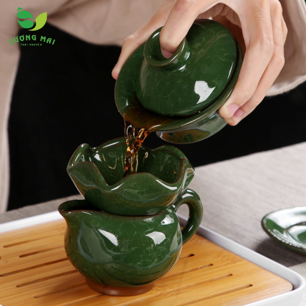 Combo bàn trà điện đa năng hình Phật + bếp đôi + ấm chén xanh