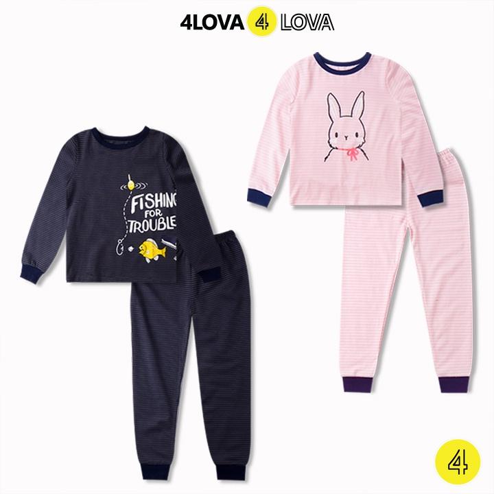 Bộ quần áo dài tay 4LOVA chất thun cotton bo gấu in hình dễ thương thu đông cho bé